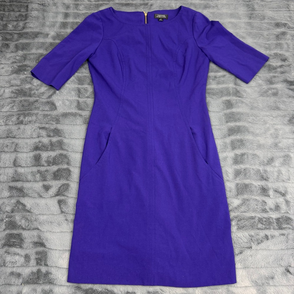 Tahari Arthur S Levine Purple Sheath Dress Short Sleeve Gold Zip Pockets Size 4